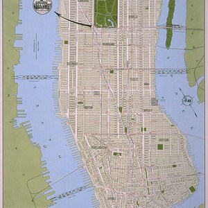 May include: A vintage map of New York City from 1945, showing the layout of streets and neighborhoods. The map is in black, white, and green, with a blue background for the water. The map includes the text "NEU-YORK" in the top left corner and "1945" in the bottom right corner.