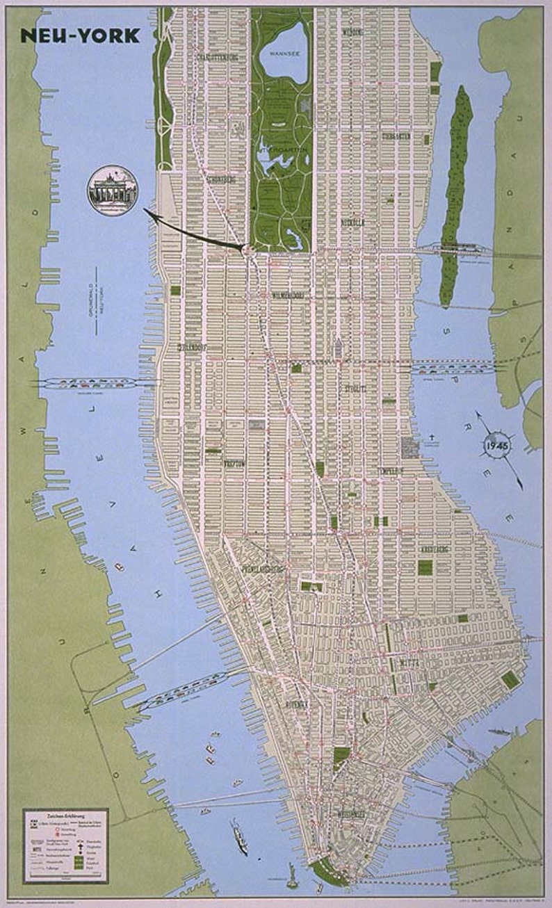 May include: A vintage map of New York City from 1945, showing the layout of streets and neighborhoods. The map is in black, white, and green, with a blue background for the water. The map includes the text "NEU-YORK" in the top left corner and "1945" in the bottom right corner.