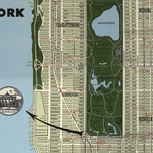 May include: A vintage map of New York City with a black arrow pointing to the city center. The map is printed on a light blue background with green and brown accents. The map includes the names of various neighborhoods and landmarks, including "WANNSEE", "TIERGARTEN", and "NEUKOLLN".