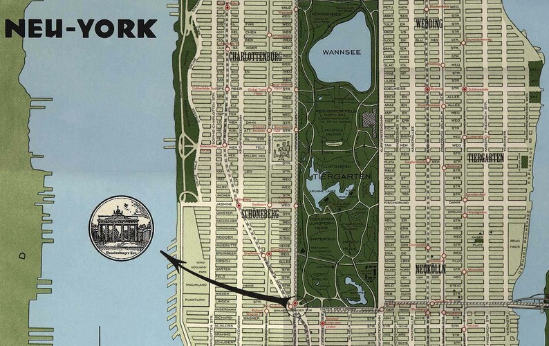 May include: A vintage map of New York City with a black arrow pointing to the city center. The map is printed on a light blue background with green and brown accents. The map includes the names of various neighborhoods and landmarks, including "WANNSEE", "TIERGARTEN", and "NEUKOLLN".