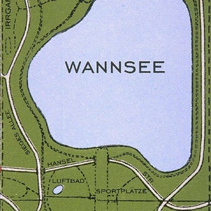 May include: A vintage map of a park in Germany, showing the location of a lake called "Wannsee" and the "Reichssportfeld" sports complex. The map also includes the text "Start u. Ziel D. Marathon-Laufs u.d. 50 km. Gehens" which translates to "Start and finish of the marathon and 50 km walk".