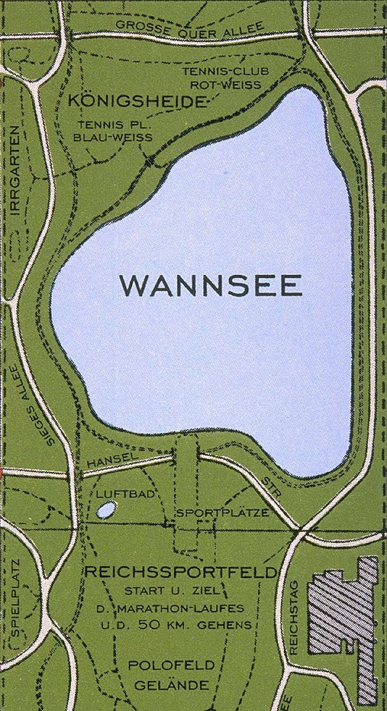 May include: A vintage map of a park in Germany, showing the location of a lake called "Wannsee" and the "Reichssportfeld" sports complex. The map also includes the text "Start u. Ziel D. Marathon-Laufs u.d. 50 km. Gehens" which translates to "Start and finish of the marathon and 50 km walk".
