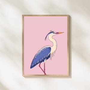 Blue Heron Bird Illustration | Giclée Art Print | Pink Wall Decor