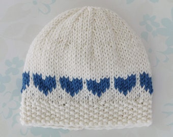 NICU PREEMIE HAT - to fit 2.5 to 5.5 lb (28 to 36 week gestation) baby boy - Kangaroo Care - bamboo / cotton yarn in ivory with blue hearts