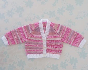 PREEMIE Sweater / Cardigan - 32 to 42 week preemie girl, kangaroo care, NICU, machine washable baby yarn in shades of pink, peach and white