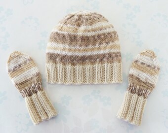 BABY HAT and MITTENS Set - up to 3 months size - baby yarn in shades of brown and cream with the hat brim and mittens' cuffs in cream