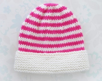 PREEMIE HAT, 30 to 42 week (3 - 8 lb) baby girl, NICU Kangaroo Care, baby yarn, stripes of ivory & hot pink, baby's first hat, ready to ship