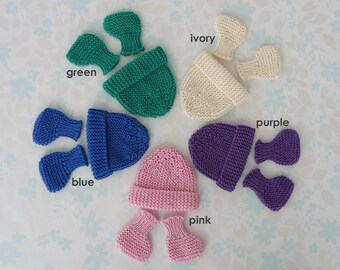 COTTON MICRO PREEMIE hat and booties sets - 22 to 30 weeks - 1 to 3 lb - 5 "jewel" colours (blue, green, ivory, purple pink) - kangaroo care