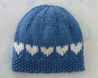 NICU PREEMIE HAT - to fit 2.5 to 5.5 lb (28 to 36 week gestation) baby boy - Kangaroo Care - bamboo / cotton yarn in blue with ivory hearts