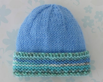 PREEMIE HAT - to fit 2.5 to 5.5 lb baby - NICU Kangaroo Care - baby yarn in blue with multicoloured brim in shades of blue, green and white