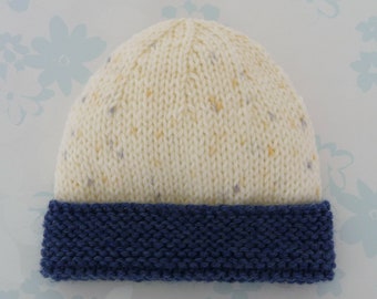 PREEMIE BEANIE - to fit 30 to 42 week baby - NICU Kangaroo Care - cream baby yarn with denim blue and yellow flecks with a denim blue brim