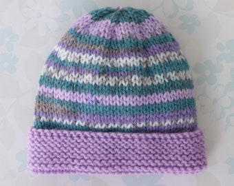 28 WEEK PREMATURE BABY hat to fit 2.5 to 5.5 lb baby - Kangaroo Care - baby yarn in shades of purple, teal and white with pale purple  brim