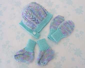 NEWBORN BABY SET - 6 to 13 lbs (birth to around age 3 months) - Bonnet, Mitts and Booties - self patterning wool baby yarn - teal and purple