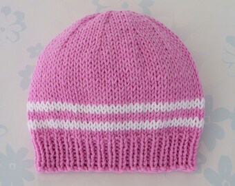 COTTON PREEMIE Hat - to fit baby from 3 to 7.5 lb (30 to 40 weeks) - NICU - cotton blend yarn in pink with white stripes - ready to ship