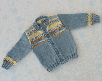 BABY SWEATER / CARDIGAN - 6 to 12 months size - slate green baby yarn with accents in shades of yellow, grey and orange - baby shower gift