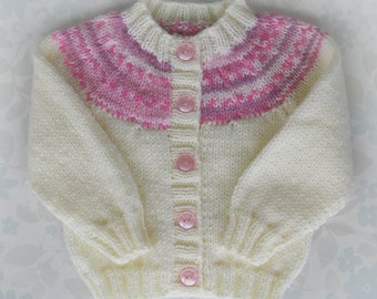 BABY GIRL sweater / cardigan - birth to 6 months size - (ivory baby yarn with yoke in shades of pink)