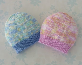 PREMIE HAT - to fit 2.5 to 5.5 lb (approx 28 to 36 weeks) - New Zealand wool - NICU Kangaroo Care - 2 color choices (blue mix and pink mix)