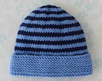 3 lb PREEMIE HAT, 30 to 42 week (3 - 8 lb) baby boy, NICU Kangaroo Care, handknit, baby yarn in blue with navy blue stripes, ready to ship