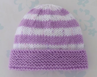 NICU PREEMIE HAT - to fit 2.5 to 5.5 lb (28 to 36 weeks) baby girl - Kangaroo Care - purple baby yarn with purple flecked white stripes