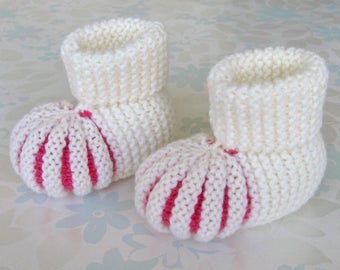 BABY BOOTIES - newborn to 6 month size - handknit baby socks - ivory baby yarn with bright pink "peek-a-boo" toes - ready to ship