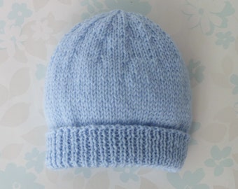 BLUE PREEMIE HAT - 4 lb (1.8 Kg), 32 week premature to around 2 months - 100% Pure Wool - blue baby yarn - kangaroo care - ready to ship