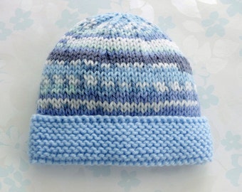PREEMIE HAT - to fit 2.5 to 5.5 lb baby boy - NICU Kangaroo Care - baby yarn in shades of blue and white with light blue brim
