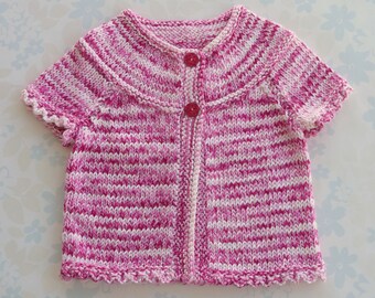 BABY GIRL Cotton Sweater / Cardigan with short sleeves - 6 to 12 months - flecked pink cotton blend yarn - perfect for warmer weather