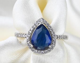Vintage Sterling Silver Blue Zircon Teardrop Ring, Size EU 52 (US 6, UK L), Decorated Ring, 925 Sterling Silver, Zircon Ring, Teardrop Ring
