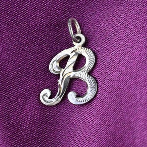 Op de afbeelding: Zilverkleurige hanger in de vorm van de letter 'B' tegen een dieppaarse achtergrond. De hanger heeft een decoratief, cursief ontwerp met een lus aan de bovenkant voor een ketting. De achtergrond is een textielstof.
