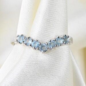 Vintage Silver Light Blue Cubic Zirconia Chevron Ring, V-Shaped Band, Curved Stacking Ring, Size US 7.5 / UK P / EU 56