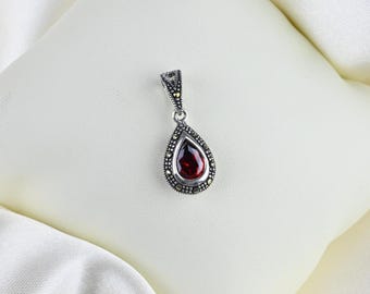Vintage Sterling Silver Garnet & Marcasite Pendant, 925 Sterling Silver, Silver Charm, Silver Pendant, Vintage Marcasite Jewelry