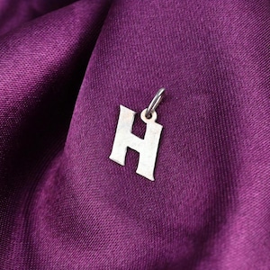 Puede incluir: Un colgante plateado con forma de la letra "H" cuelga sobre un fondo de tela morada oscura. El colgante está sujeto a un pequeño lazo plateado. La tela tiene un brillo sutil.