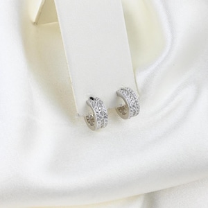 Vintage Sterling Silver Pave Zircon Hoop Earrings, 925 Sterling Silver, C-Hoop Studs, Vintage Earrings, Zircon Earrings, Silver Earrings