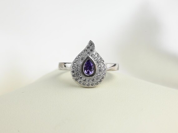 Vintage Sterling Silver Purple Cubic Zirconia Pear Halo Ring, Size EU 57 (US 8, UK P), Decorated Ring, 925 Sterling Silver Ring, Purple Ring View 3