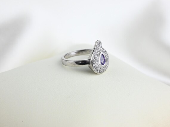 Vintage Sterling Silver Purple Cubic Zirconia Pear Halo Ring, Size EU 57 (US 8, UK P), Decorated Ring, 925 Sterling Silver Ring, Purple Ring View 2
