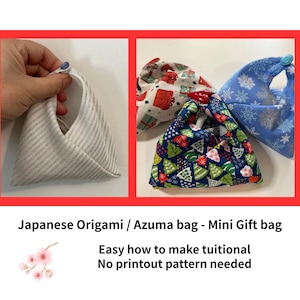 May include: A collection of mini Azuma bags, also known as Japanese origami bags, in various festive patterns. One bag is held by a hand, showcasing a striped design. Other bags feature Christmas tree, snowflake, and gift box patterns. The bags are small and have a unique triangular shape.