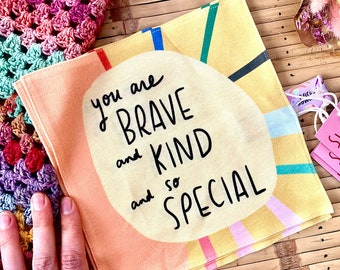 Brave and Kind Handmade organic cotton illustrated handkerchief - : get well soon, sympathy grief loss