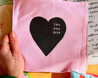 You Are Here Handmade organic cotton illustrated handkerchief - : grounding, for anxiety, meditation, gift for new school or job.