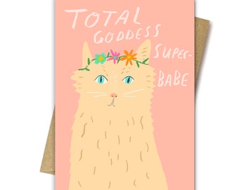 Total Goddess Superbabe card by Nicola Rowlands - Birthday cute friendly teenager birthday greeting plain recycled card. Pink with cat