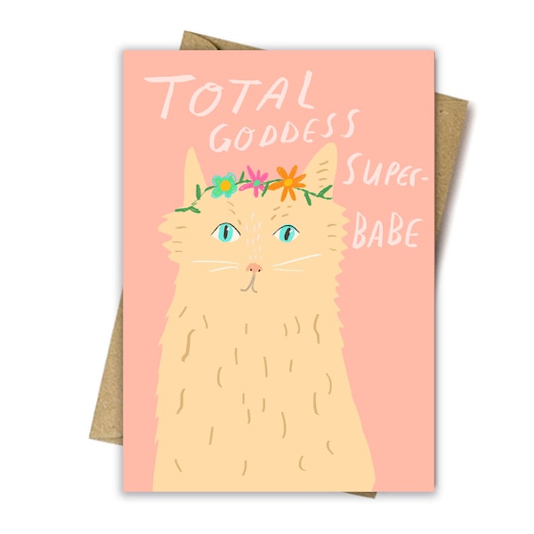 Tarjeta Total Goddess Superbabe de Nicola Rowlands - Cumpleaños lindo adolescente amigable cumpleaños felicitación simple tarjeta reciclada. Rosa con gato