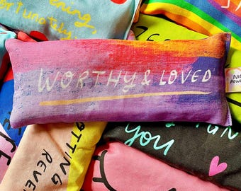 WORTHY & LOVED handmade lavender eyebag for yoga meditation deep sleep. Affirmation sensory bag.