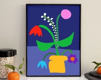 Spring flower vase print: primary palette with navy background. Modern abstract artwork by Nicola Rowlands