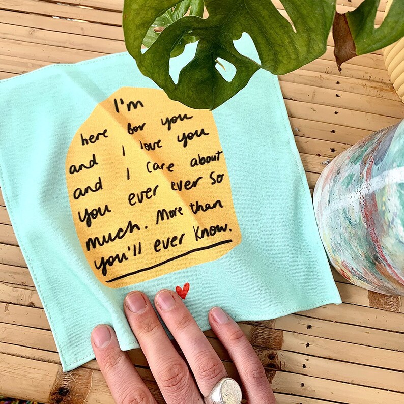I'm here for you and I love you organic cotton illustrated handkerchief : long distance relationship, wife, father, reusable hanky image 2