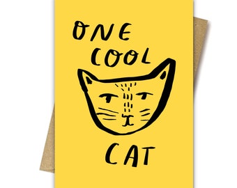 One Cool Cat card by Nicola Rowlands - Birthday cute friendly non gender specific kids birthday greeting plain recycled card.