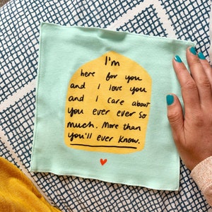 I'm here for you and I love you organic cotton illustrated handkerchief : long distance relationship, wife, father, reusable hanky image 1