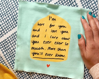 I'm here for you and I love you organic cotton illustrated handkerchief - : long distance relationship, wife, father, reusable hanky