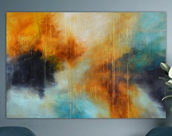 Extra large painting, turquoise orange Abstract, blue original painting, Large Abstract Painting,  lobby office home wall art