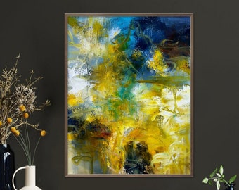 Original painting on canvas ready to hang, abstract floral green yellow modern wall art, abstract pond painting, unique artwork on canvas