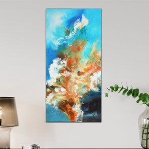 Blue abstract painting on canvas, Blue White orange, navy blue, modern wall art, reef painting, Canadian artist, original gift idea image 1
