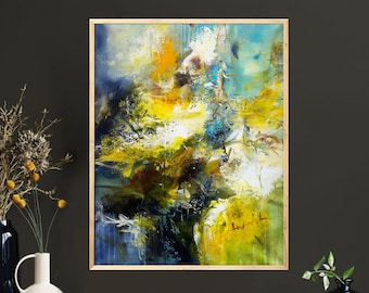 Original painting on canvas ready to hang, abstract floral green yellow modern wall art, abstract pond painting, unique artwork on canvas